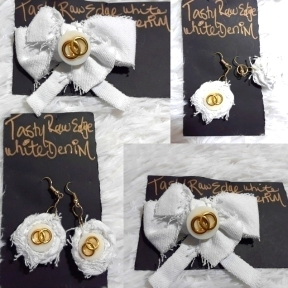 Tasty Raw Edge White Denim Rose Earrings & Pin Set